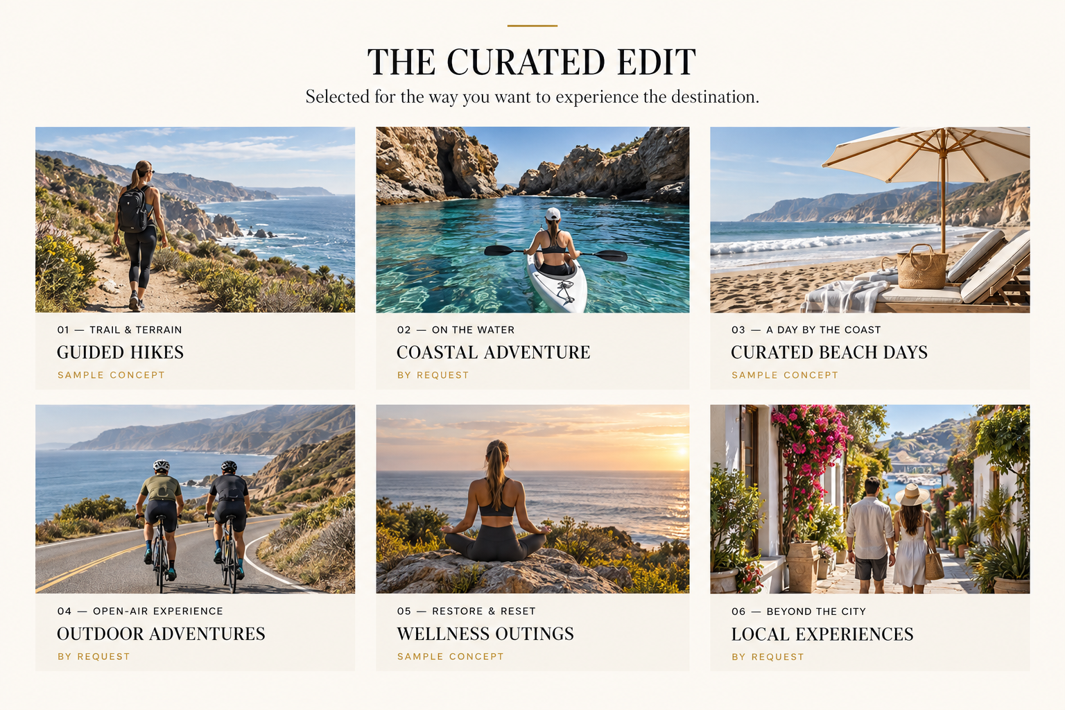 A webpage displaying six travel experience concepts with images and titles, including guided hikes, coastal adventure, curated beach days, outdoor adventures, wellness outings, and local experiences.