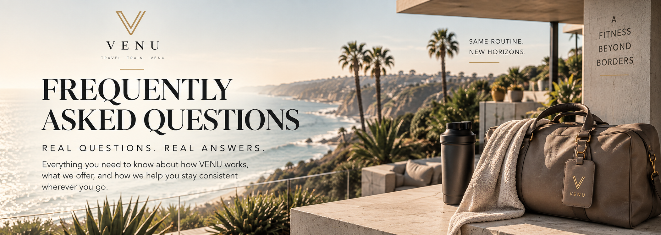 Coastal balcony scene with a VENU duffel bag, for the Frequently Asked Questions page.