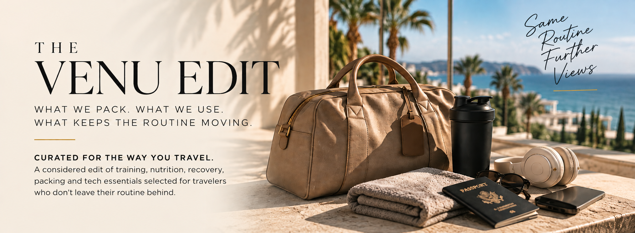 Travel essentials on a table with a beach view, including a beige duffle bag, black water bottle, white headphones, sunglasses, a smartphone, a folded towel, and a passport, with palm trees and ocean in the background.