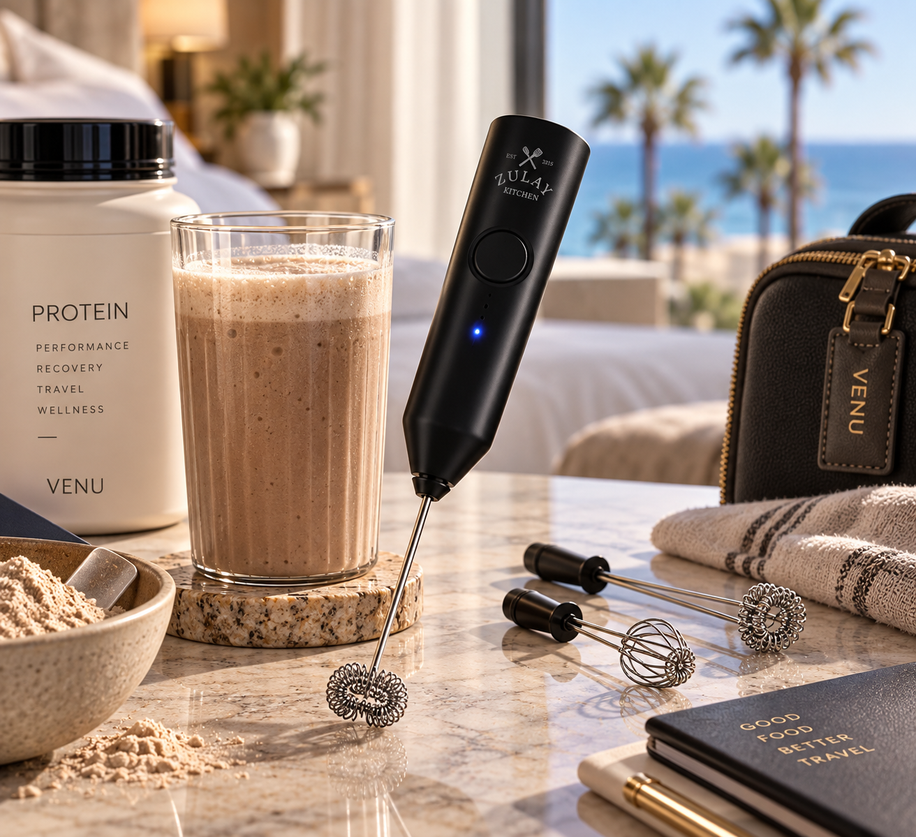 ZULAY RECHARGEABLE FROTHER: 
Compact mixing power for protein shakes, coffee, and your daily routine on the road.