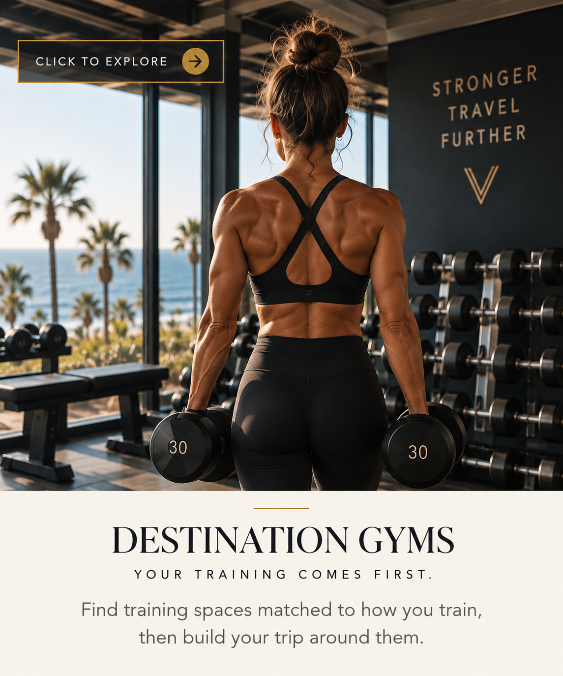 Woman lifting dumbbells in a gym overlooking the beach.