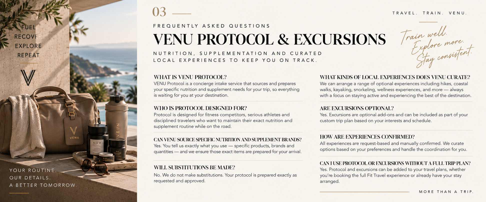 A promotional webpage for Venu Protocol & Excursions featuring a scenic view of the ocean with palm trees. The page includes FAQ about travel and fitness protocols, accompanied by an image of a beige duffel bag, water bottles, supplements, sunglasses, and a towel on a countertop with the ocean in the background.
