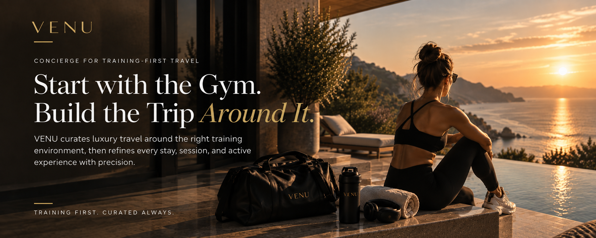 Woman relaxing poolside at sunset with a VENU duffel bag and training gear nearby.