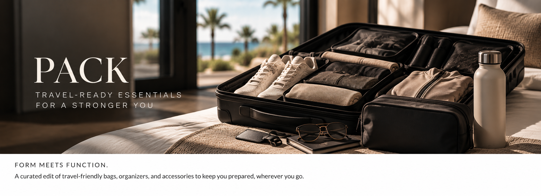Open black suitcase on a bed with travel essentials including white sneakers, folded clothing, sunglasses, wallet, and water bottle, with a view of a patio with palm trees and pool in the background.