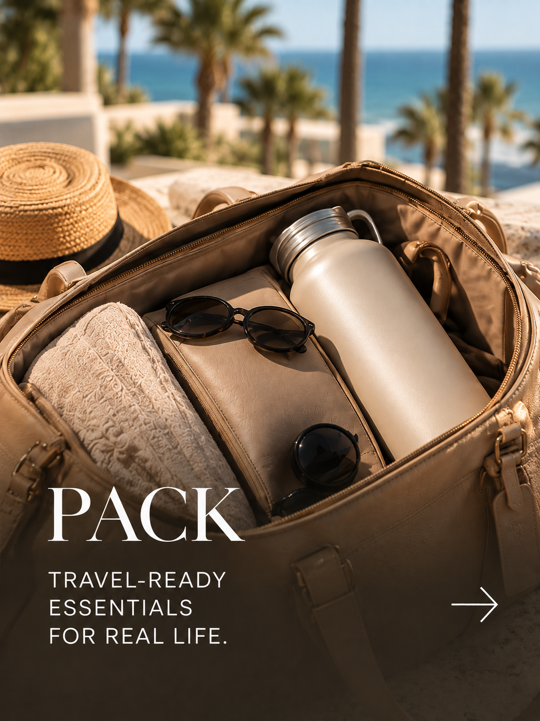 Open tan travel bag with essentials including a thermos, sunglasses, water bottle, cream-colored towel, and a small black item against a background of palm trees and ocean.