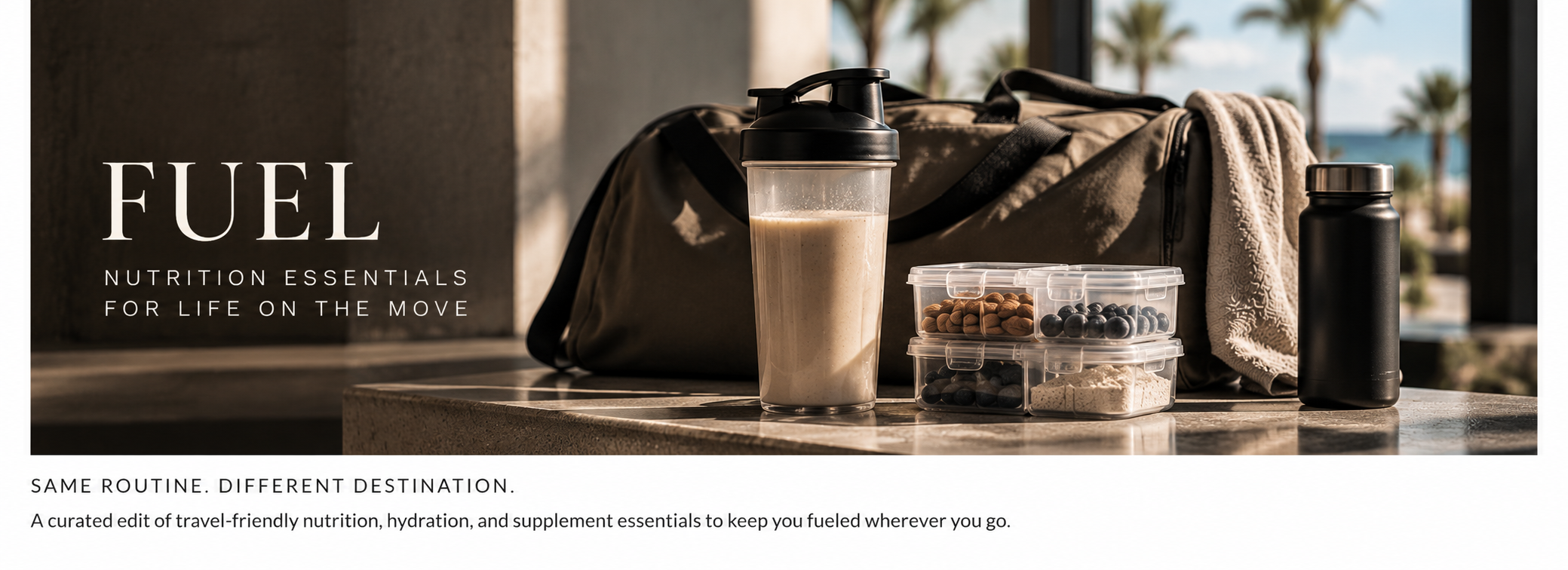 Travel nutrition essentials, including a protein shake in a shaker bottle, multiple small containers of snacks like nuts and berries, a black water bottle, and a beige backpack on a table with a blurred outdoor background of palm trees.