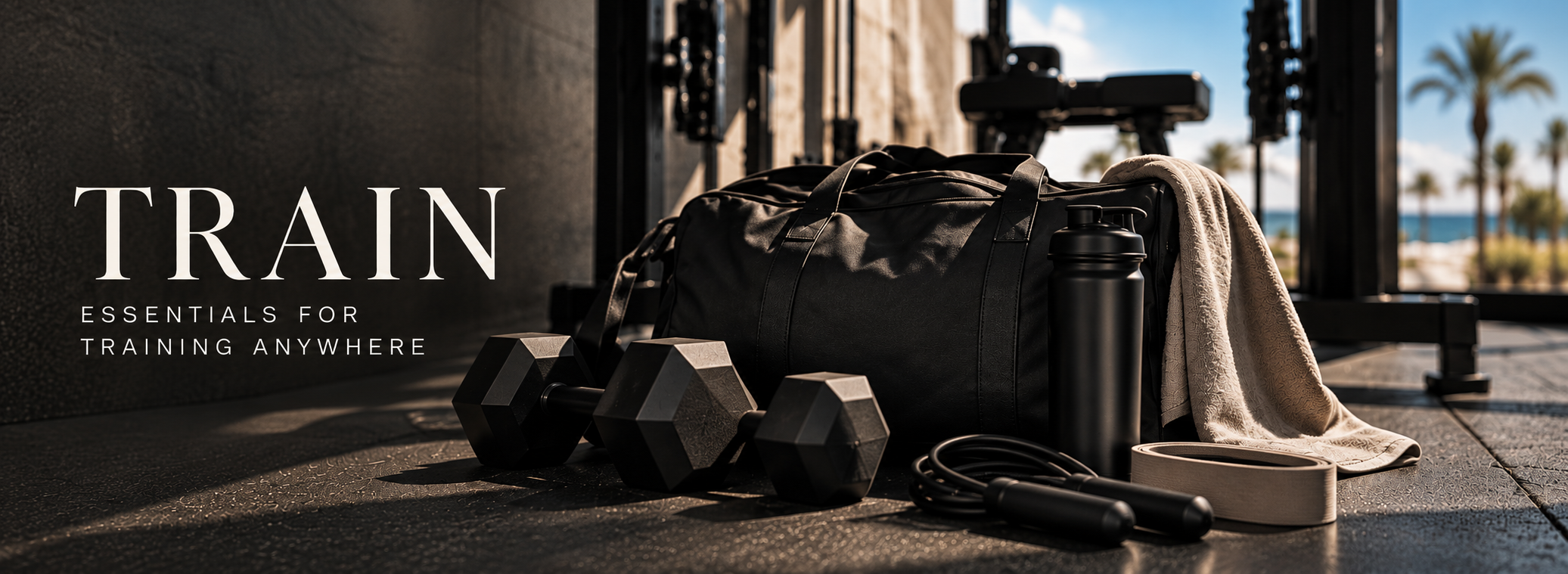 Fitness equipment including dumbbells, a water bottle, skipping rope, and a gym bag on the ground at a gym with a view of palm trees and the ocean in the background.