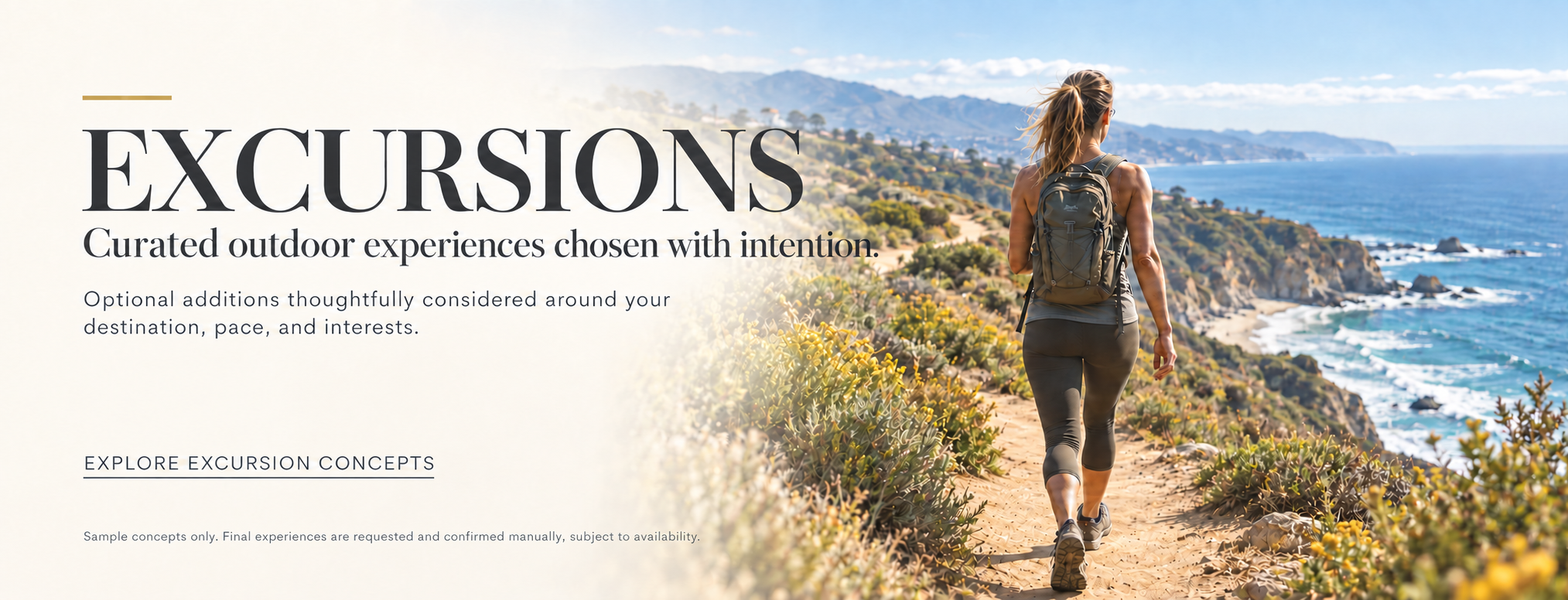 A woman with a backpack hiking along a trail overlooking the ocean on a sunny day.