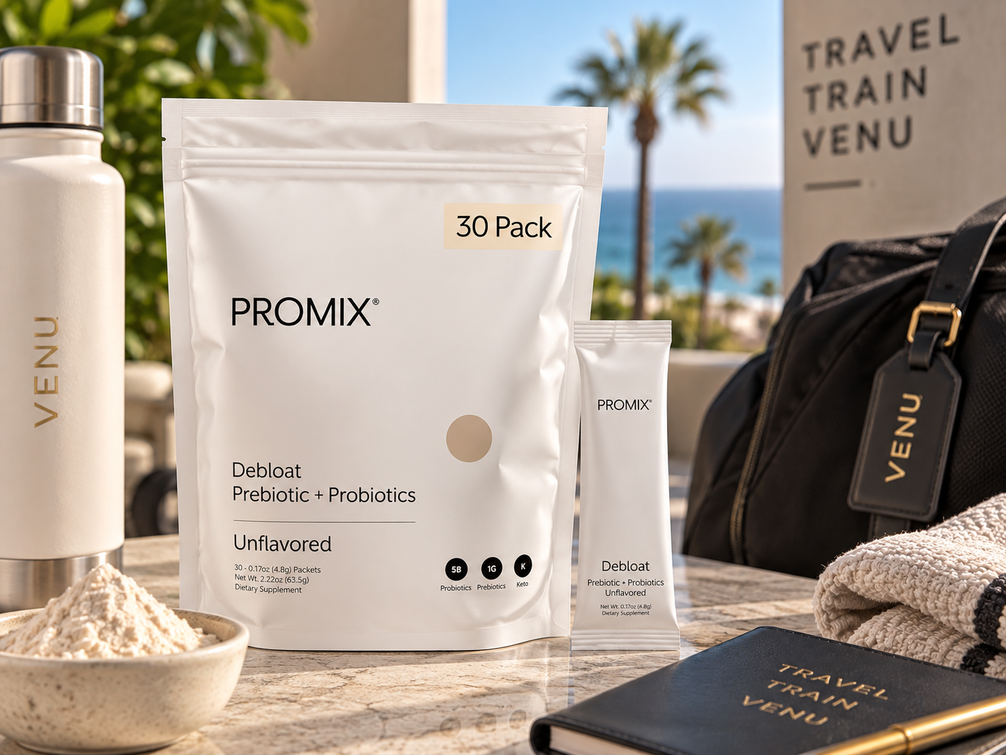 PROMIX DEBLOAT PREBIOTIC + PROBIOTICS: 

Convenient single-serve packets for keeping your daily supplement routine easy to pack and travel with.