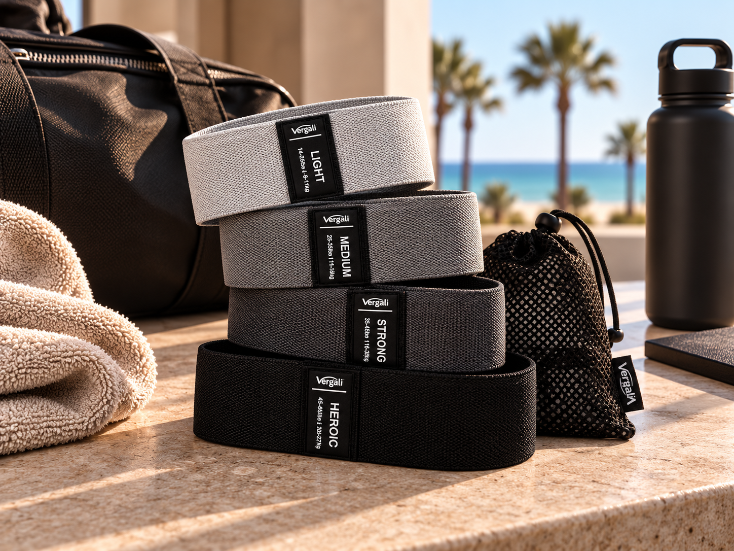 FABRIC RESISTANCE BANDS: 

Four resistance levels for activation, warm-ups, and training wherever you land.