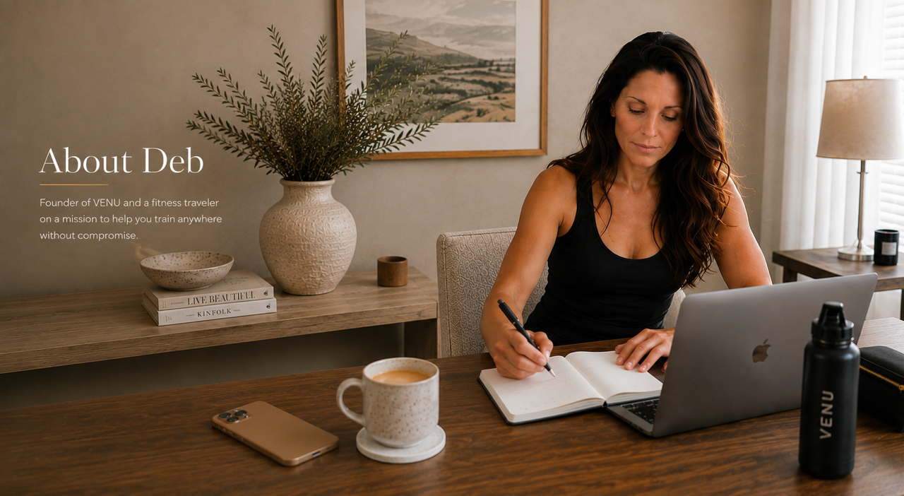 Deb, founder of VENU, working at her desk.