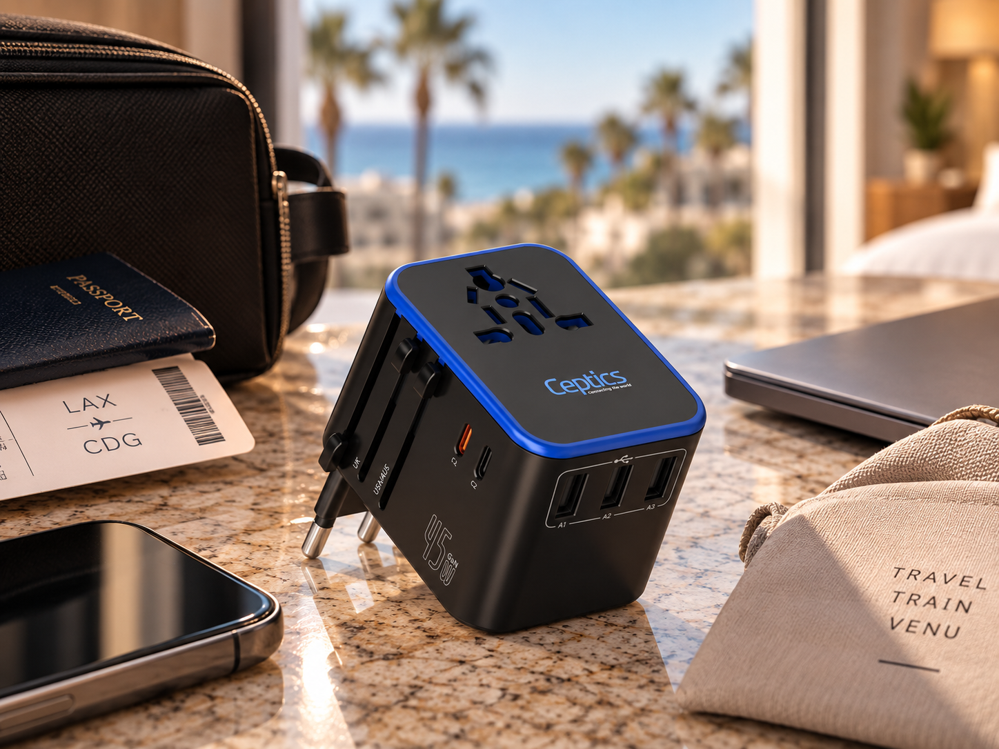 CEPTICS UNIVERSAL TRAVEL ADAPTER: 

Compact all-in-one charging for staying powered wherever you travel.