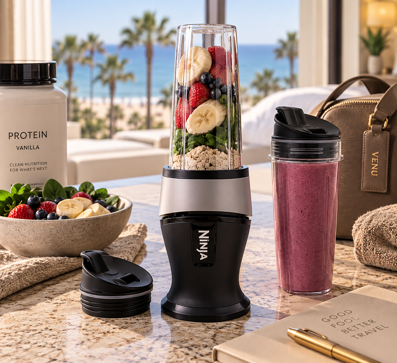 NINJA FIT PERSONAL BLENDER: 

Compact blending for protein shakes, smoothies, and keeping your nutrition routine consistent while traveling.