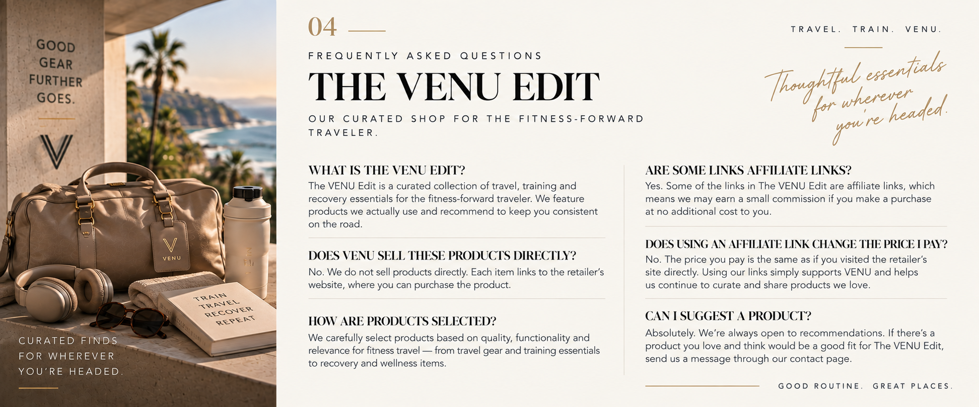 A webpage titled 'The Venu Edit' featuring frequently asked questions about a curated shop for fitness-forward travelers. The page includes text, a background image of a scenic coastal view with palm trees, and a foreground display of travel gear including a duffle bag, headphones, sunglasses, a travel book, and a water bottle.
