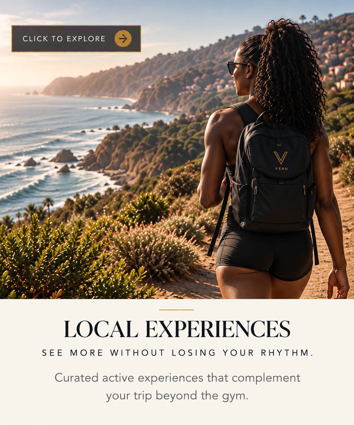 Woman with a VENU backpack overlooking the ocean at sunset.