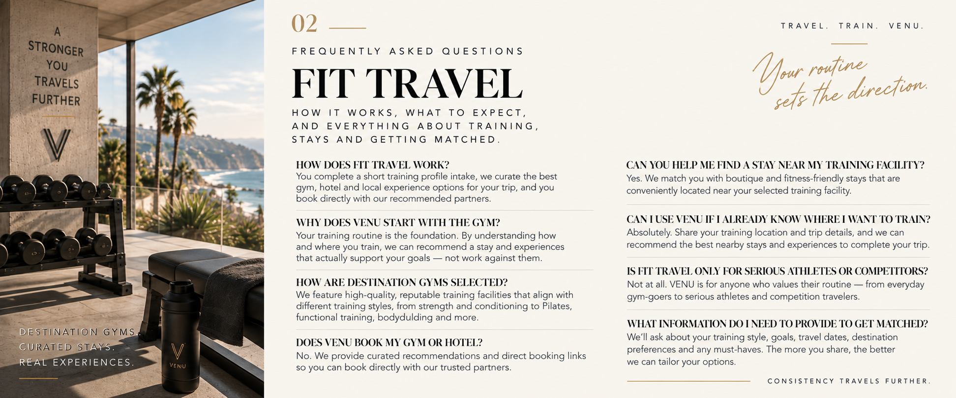 An informational travel guide displayed on a digital screen, titled 'Fit Travel,' with questions and answers about travel and training facilities, set against a background of an outdoor gym with palm trees and ocean view.