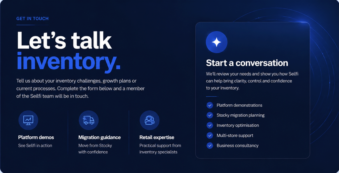 A webpage with a dark blue background, titled "Let's talk inventory" with a subtitle about inventory challenges. It features three sections: Platform demos with an icon of a graph, Migration guidance with a truck icon, and Retail expertise with a people icon. To the right, there's a box titled "Start a conversation" with a star icon, listing services like platform demonstrations, stock migration planning, inventory optimization, multi-store support, and business consultancy.