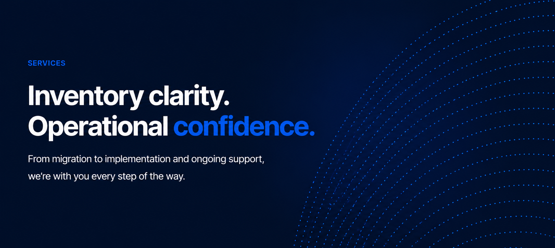 A digital graphic promoting services related to inventory management and operational confidence, featuring a dark blue background with dotted circular patterns and text highlighting these key benefits.