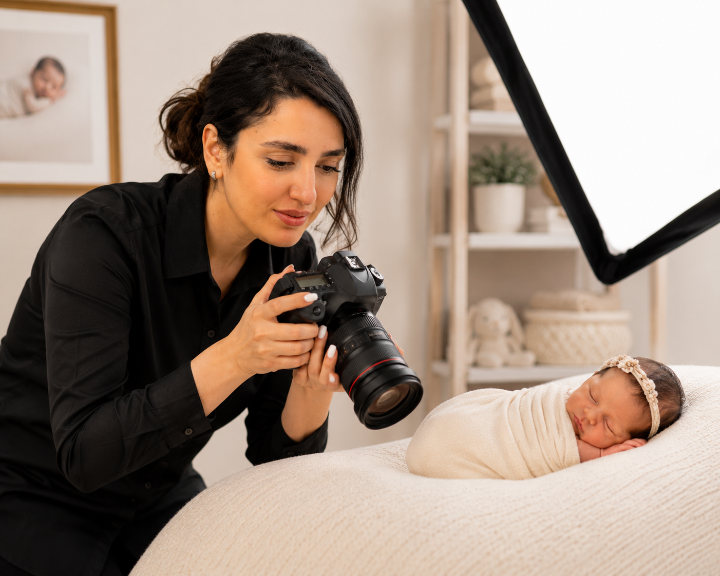 A woman photographing a sleeping newborn baby wrapped in a blanket.