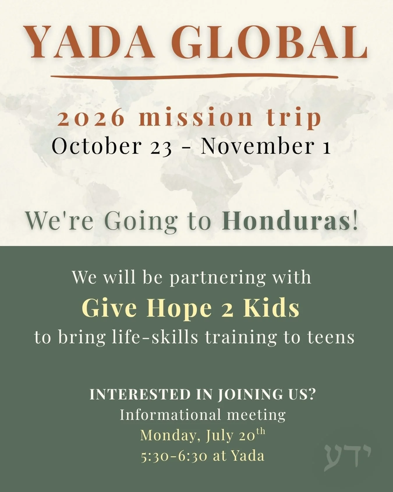 🌎 Yada is going global!

We&rsquo;re excited to announce our 2026 Yada Global Mission Trip to Honduras! 🇭🇳

Our team will be partnering with Give Hope 2 Kids in Honduras, where we&rsquo;ll be sharing practical life-skills training with teens in th