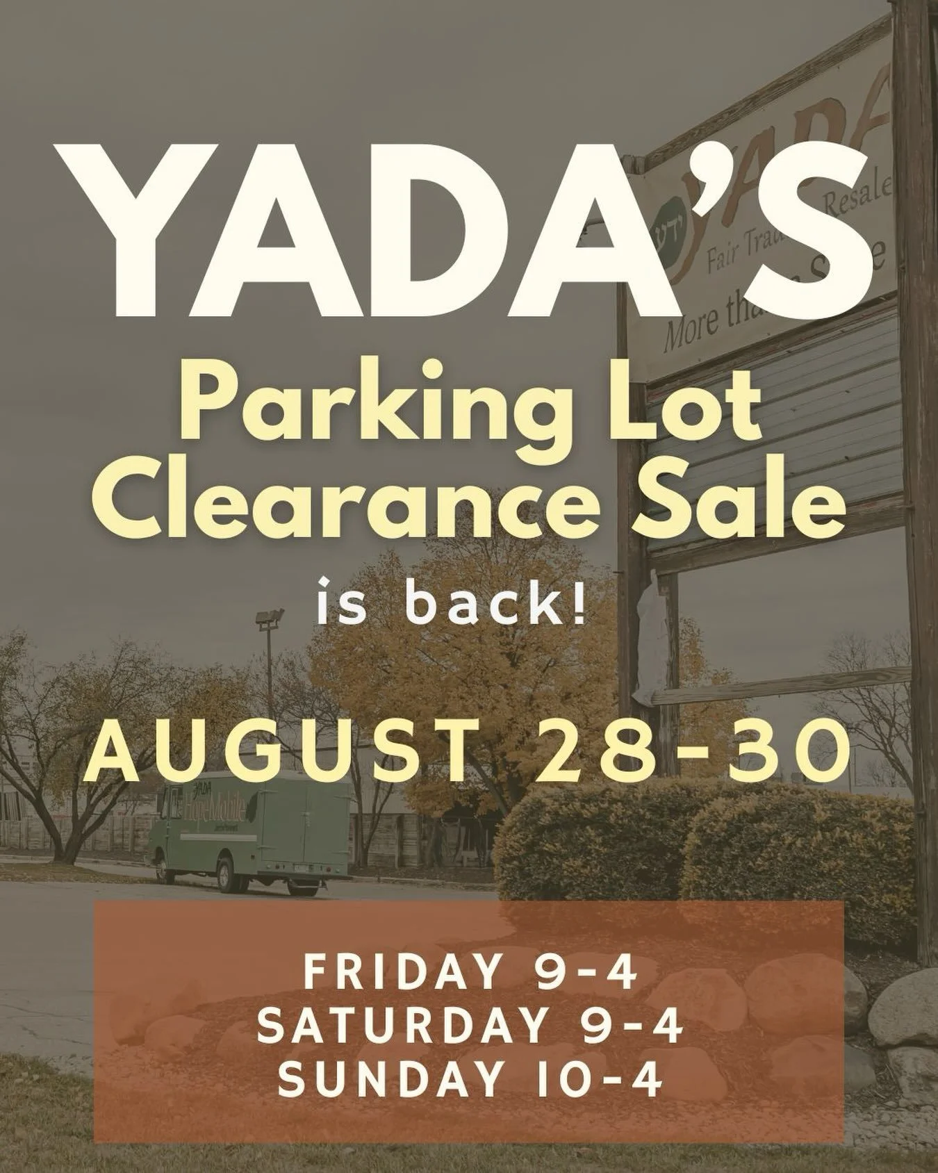🚨 YADA&rsquo;S PARKING LOT CLEARANCE SALE IS BACK THIS WEEKEND! 🚨

And when we say clearance&hellip; we mean CLEARANCE. 🙌

🛍️ Most items will be UNDER $5!
🧥 Tons of fall + winter clothing &mdash; including brand new coats!
🏷️ PLUS, all resale i