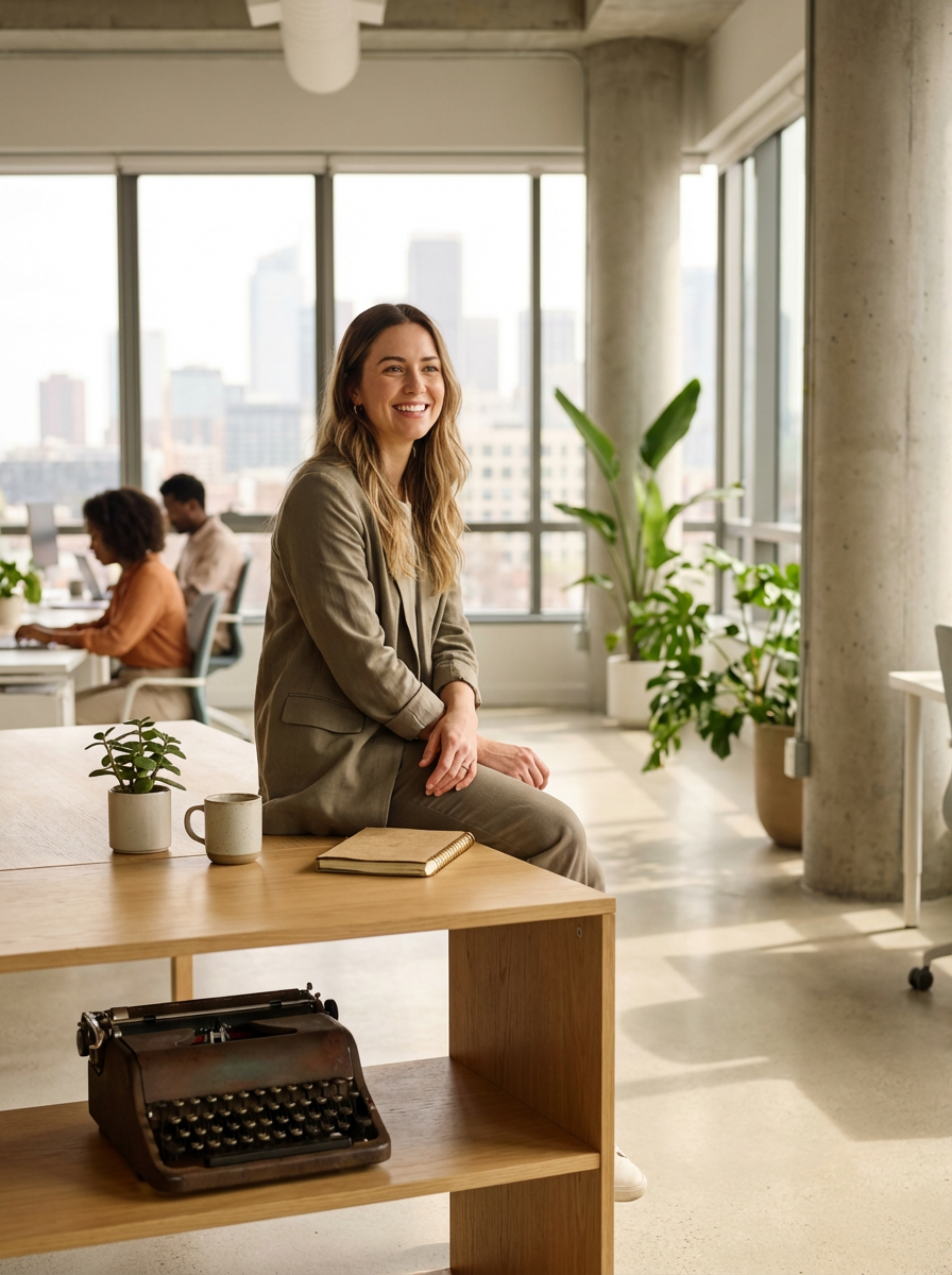 A woman sitting on a wooden table in a modern office with large windows, smiling with city buildings in the background, surrounded by plants, with two mugs, a notebook, and a vintage typewriter on the table.