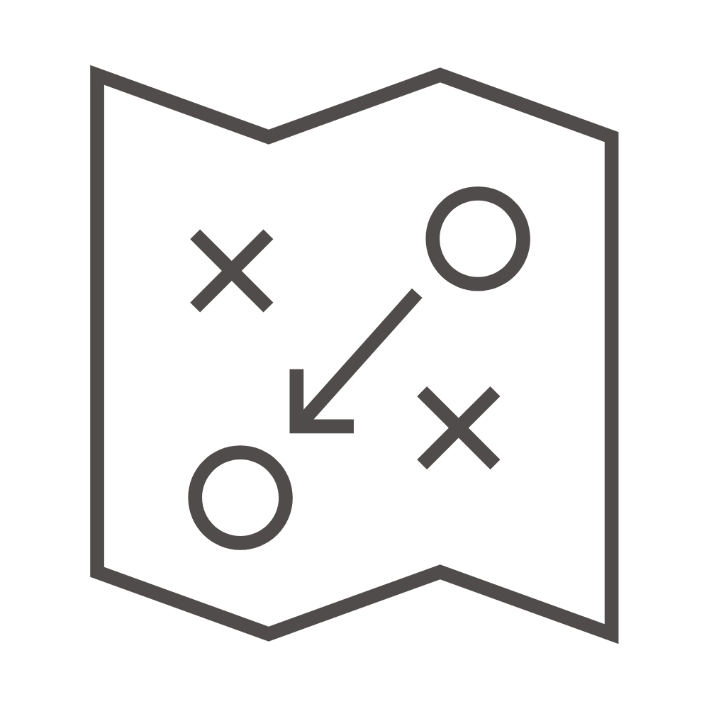 Simple black-and-white diagram of strategy with X's and O's and an arrow indicating movement.