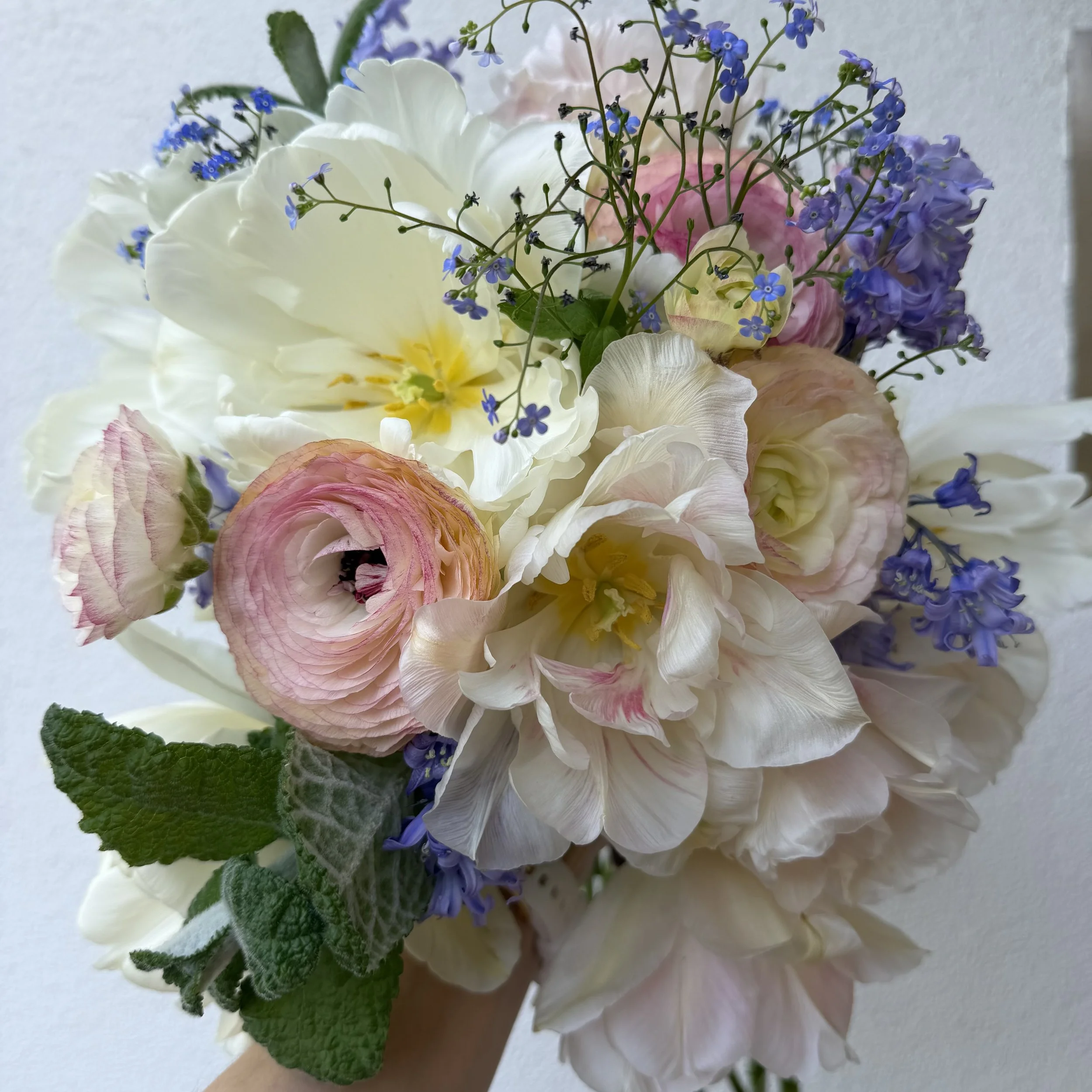 A close-up of a vibrant bouquet of flowers, including white, pink, and purple blossoms, with green leaves and tiny blue flowers, set against a neutral background.