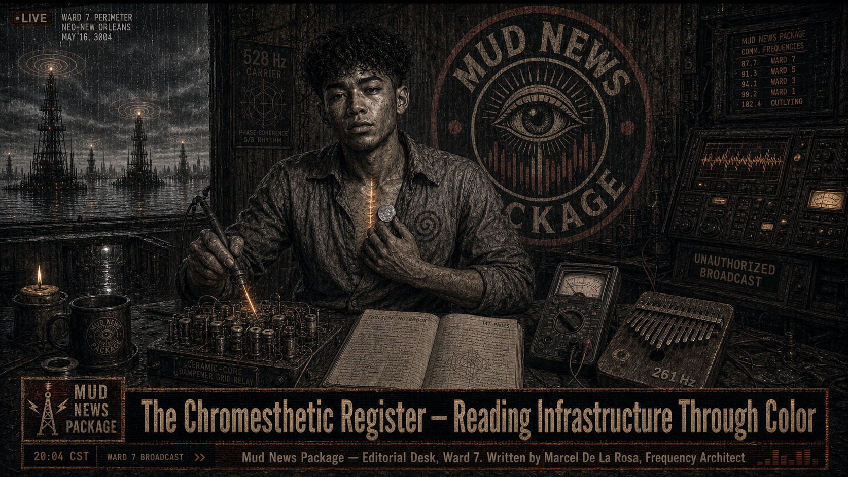 The Chromesthetic Register — Reading Infrastructure Through Color |
Mud News Package — Perceptual Systems Division, Ward 7 