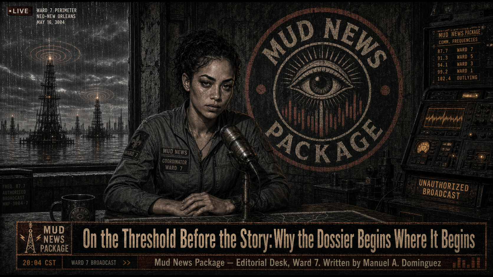 A woman with curly hair and a serious expression sits at a news desk with a vintage microphone. She wears a uniform with patches indicating she is a coordinator for Ward 7, in a dark, dystopian newsroom. Behind her is a large sign with an eye and the words 'Mud News Package,' and a wall with screens showing radio frequencies and waveforms. The background shows oil rigs in a stormy sea, with raindrops on the window. The broadcast title reads 'On the Threshold Before the Story: Why the Dossier Begins Where It Begins,' with additional information about the broadcast time and location.