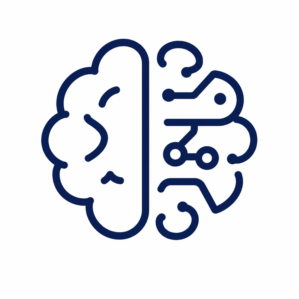 A graphic illustration of a brain with half representing human brain features and the other half depicting circuitry and technology.