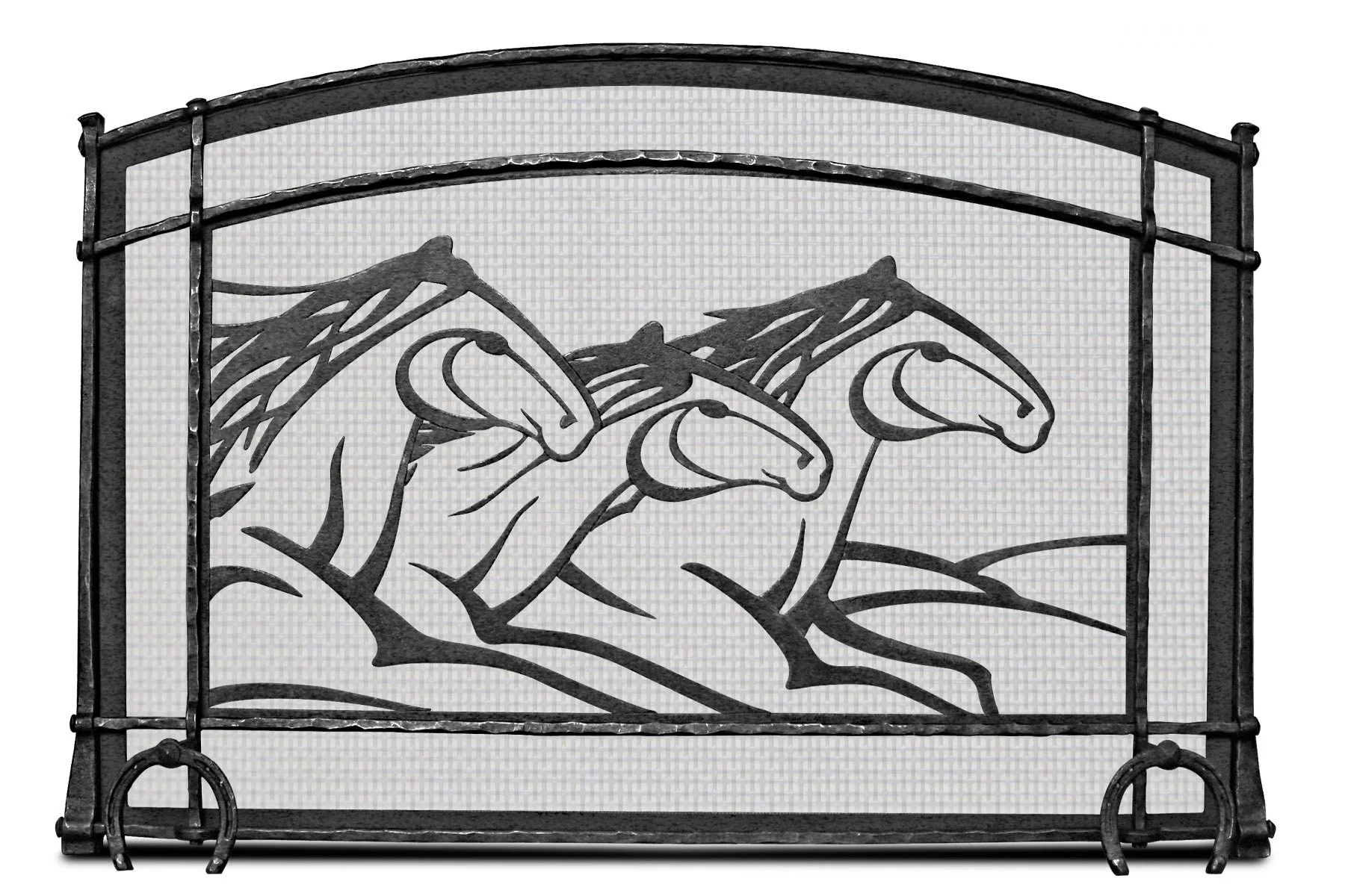Custom hand-forged fireplace screen by Red Iron Studio, featuring a dramatic three-horse silhouette design with flowing manes cut into the iron overlay and horseshoe accents on the feet. This equestrian-themed fire screen showcases artisan blacksmith