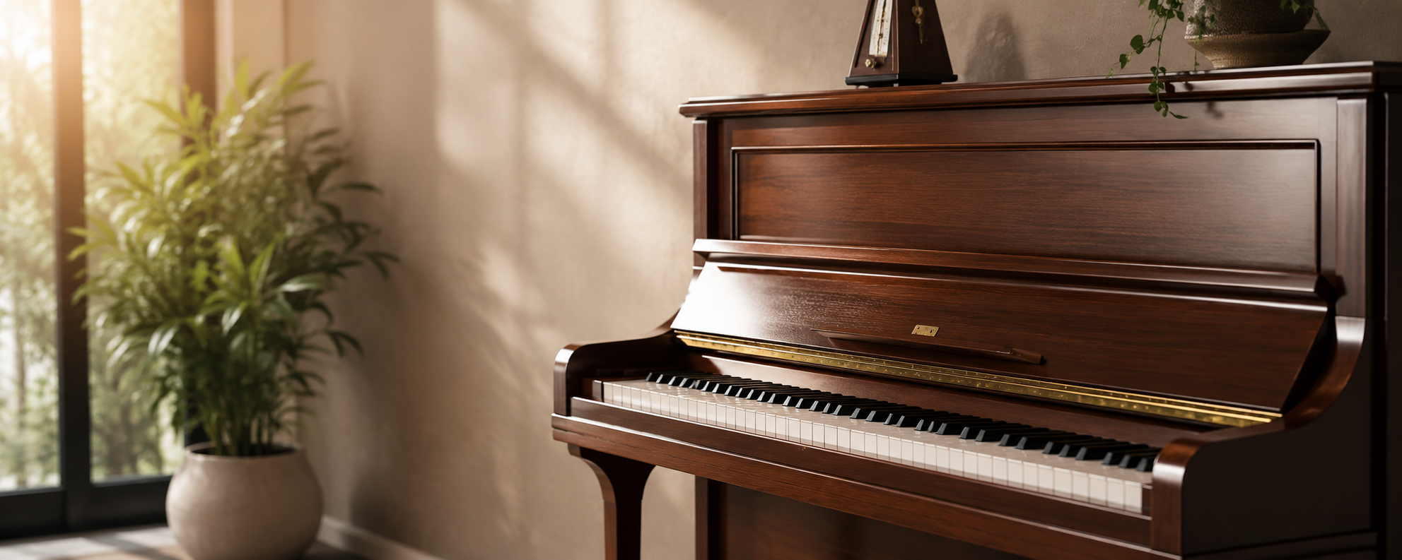 A wooden upright piano in a living room with sunlight coming through a window, a potted plant, and a decorative clock on top of the piano.