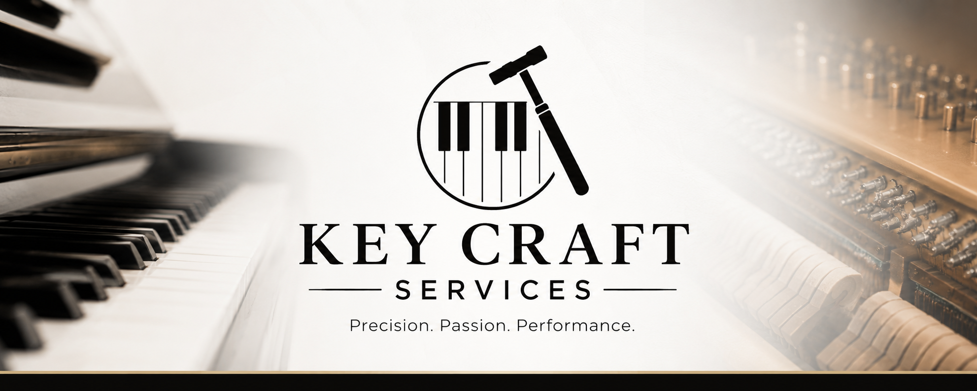 Logo for Key Craft Services featuring a black and white design with a piano keyboard and a hammer, accompanied by the tagline 'Precision. Passion. Performance.' on a background with blurred piano keys.