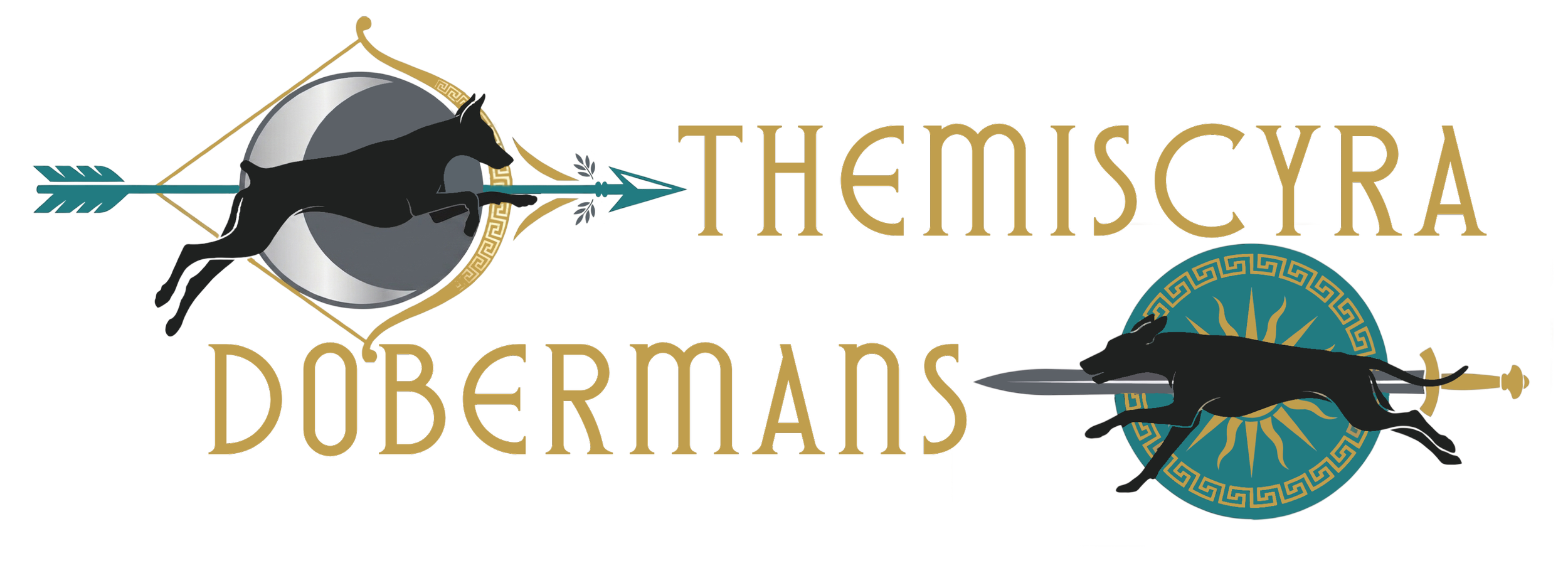 A logo with two black doberman pinscer figures, one leaping in front of a moon shield with an arrow and the other running in front of a sun shield with a sword, overlaid on Greek-style symbols, with the words ‘Themiscyra Dobermans’ in gold lettering.