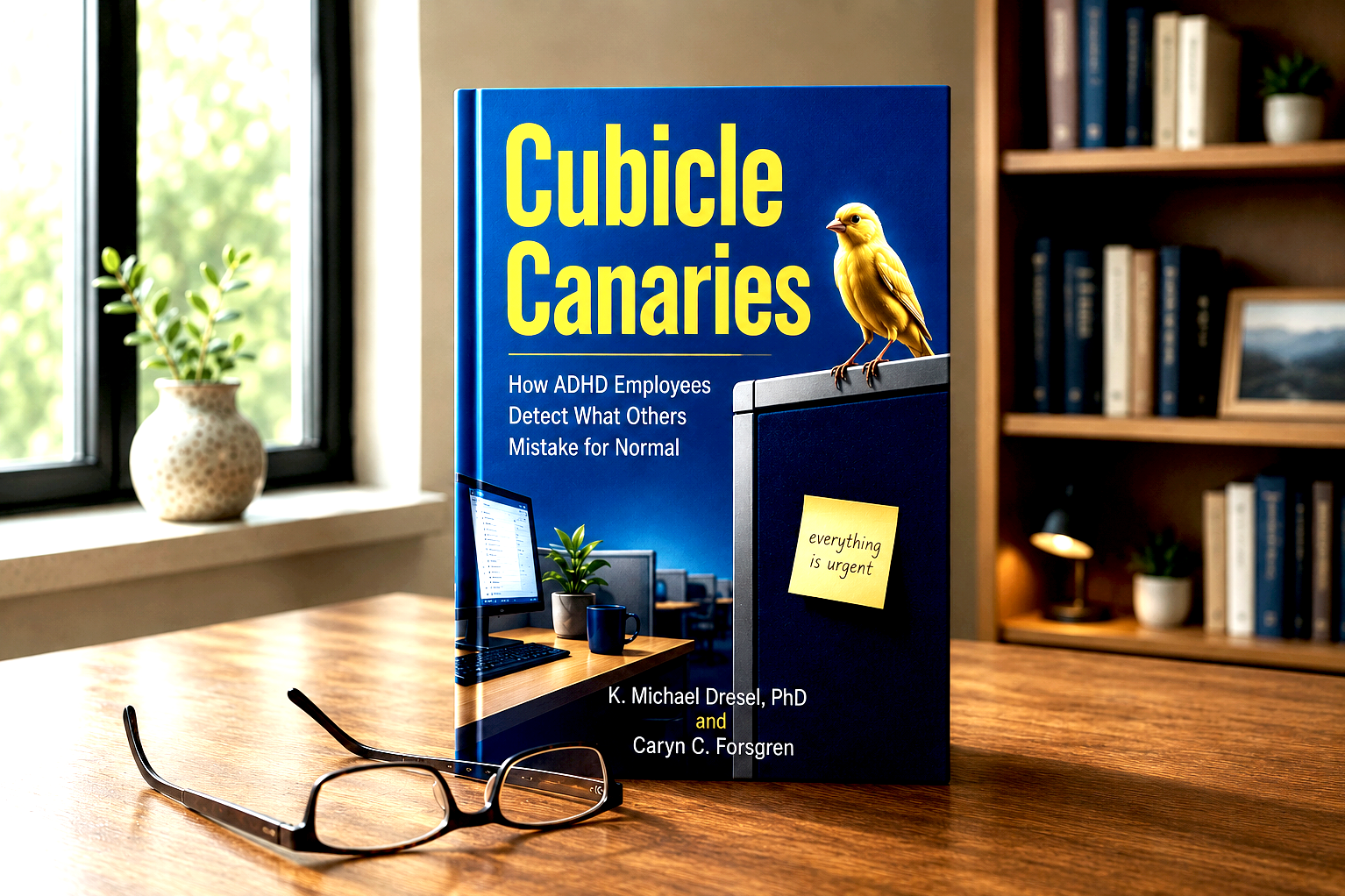 A book titled 'Cubicle Canaries' stands on a wooden desk with glasses in front of it. The cover features a yellow canary perched on top of a partition, with a background image of an office cubicle and a sticky note that says 'everything is urgent.' The setting includes a window with sunlight, a potted plant, and a bookshelf in the background.