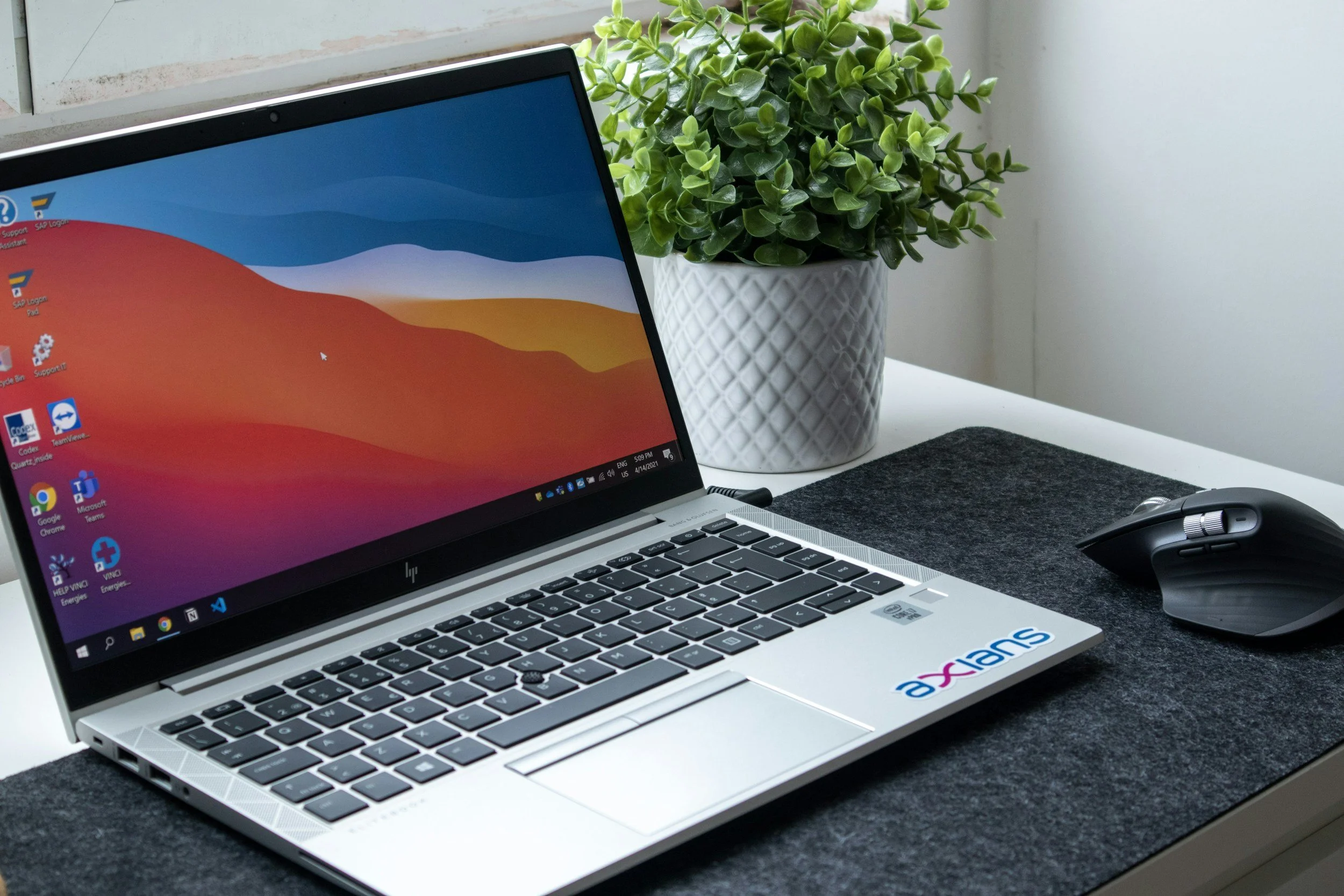 A laptop computer on a desk next to a potted green plant and a computer mouse.