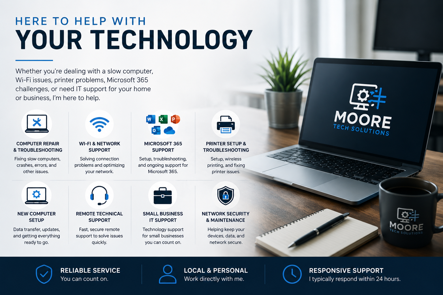 Flyer for Moore Tech Solutions with services including computer repair, Wi-Fi support, Microsoft 365 support, printer troubleshooting, new computer setup, remote support, small business IT support, and security. Features a laptop, notebook, pen, coffee mug, and potted plant on a desk.