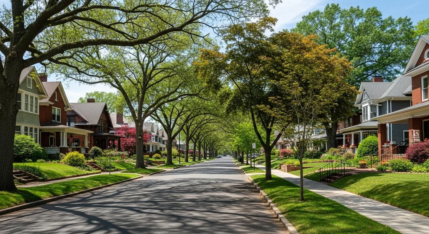 Residential street in Trinity Park, Durham with colorful houses, lush green lawns, and large leafy trees creating shade, on a sunny day.