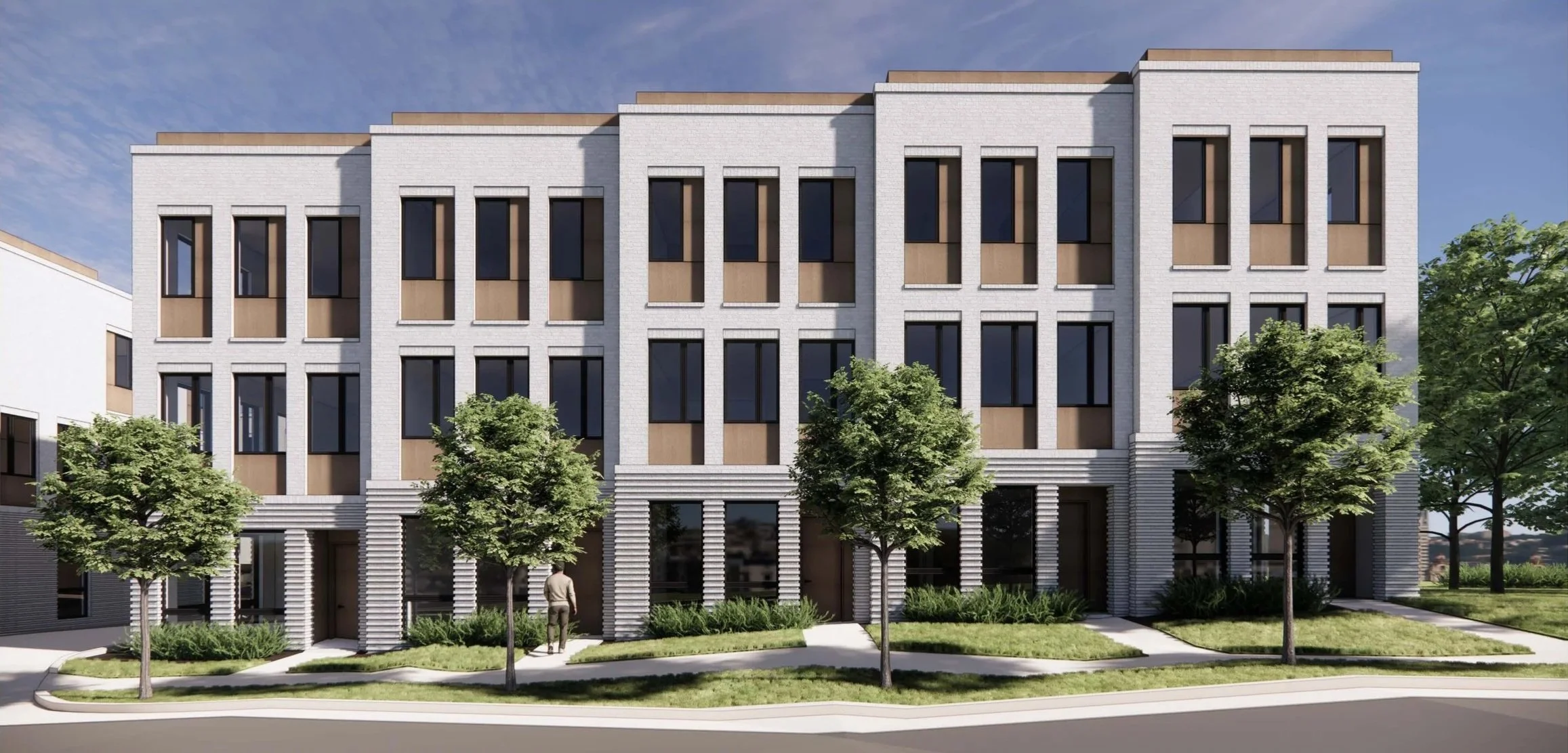 Rendering of Reside Townhomes in Raleigh, NC with white brick exterior and large vertical windows, surrounded by trees and landscaping on a clear day.