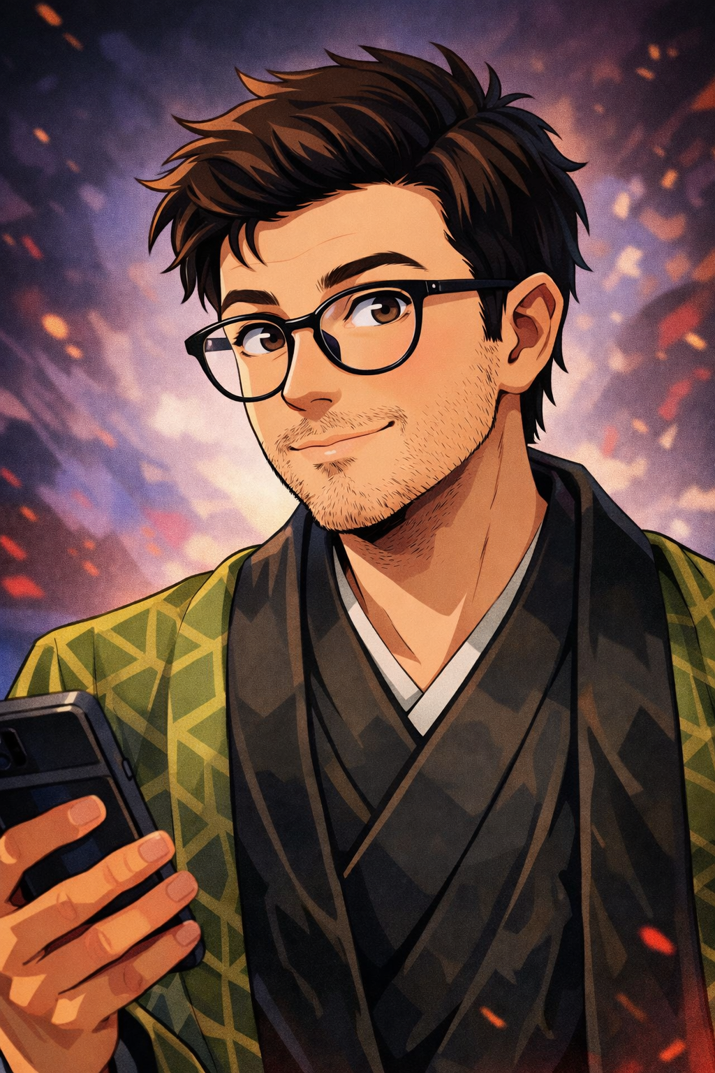 A young man with glasses, brown hair, and light facial hair, wearing a traditional Japanese kimono with a modern-patterned outer layer, holding a smartphone, standing outdoors with a cloudy sky and autumn leaves in the background.
