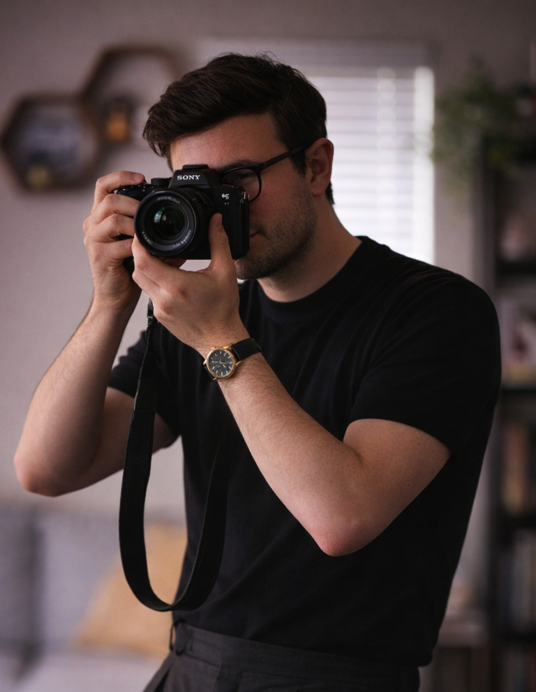 A young man taking a photo with a Sony camera indoors, wearing glasses, a black t-shirt, and a wristwatch, with a blurred background.