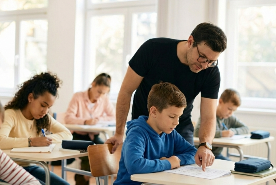 Teacher assisting students during class in a school classroom.