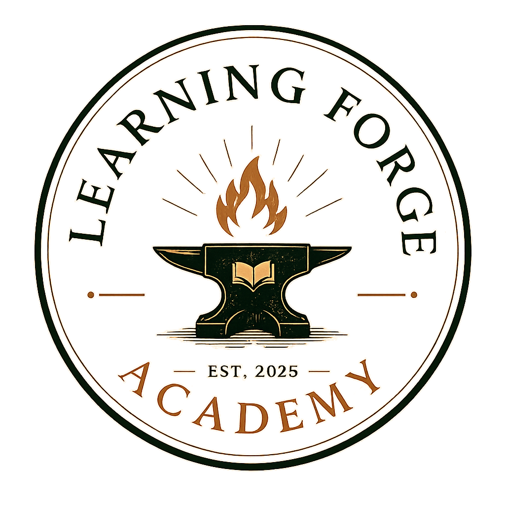 Logo for 'Learning forge Academy' featuring an anvil with an open book and a flame, with the text 'Learning forge' around the top and 'Academy' at the bottom, established in 2025.