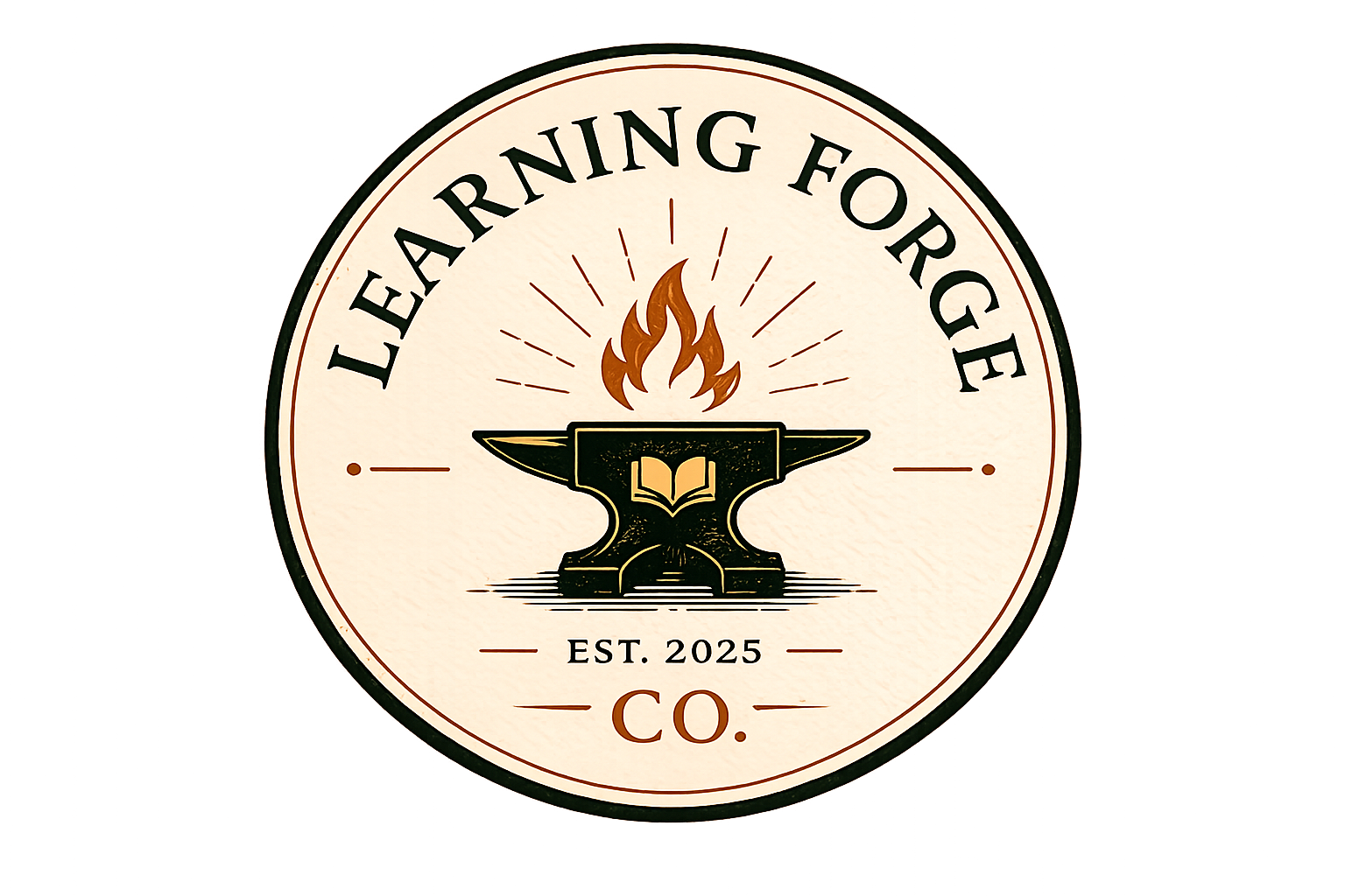 A circular emblem with the text "Learning Forge" at the top, a central graphic of an anvil with a fire and an open book on it, and the text "Est. 2025" and "Co." at the bottom.
