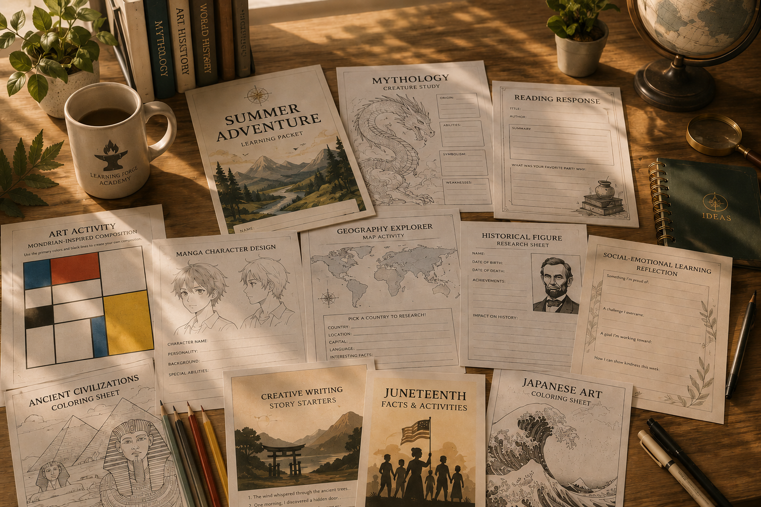 A wooden desk filled with educational and creative activity sheets, books, a mug, a globe, plants, and writing utensils. The sheets include topics like mythology, geography, art, history, and social-emotional learning.
