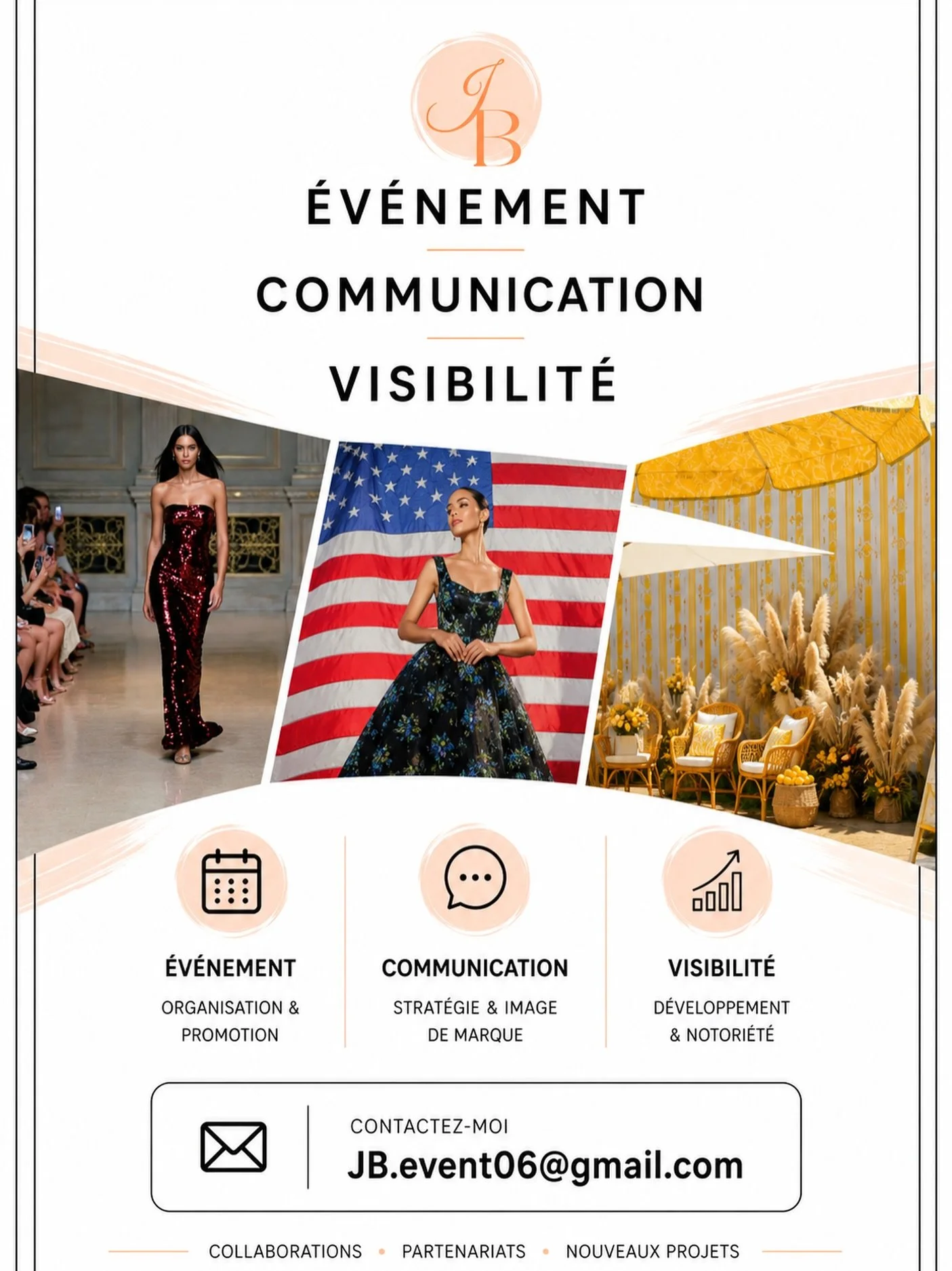 J&amp;B Event accompagne les entreprises et les particuliers dans la cr&eacute;ation d&rsquo;&eacute;v&eacute;nements sur mesure et le d&eacute;veloppement de leur visibilit&eacute;.

📌 &Eacute;v&eacute;nementiel
📌 Communication
📌 Image de marque
