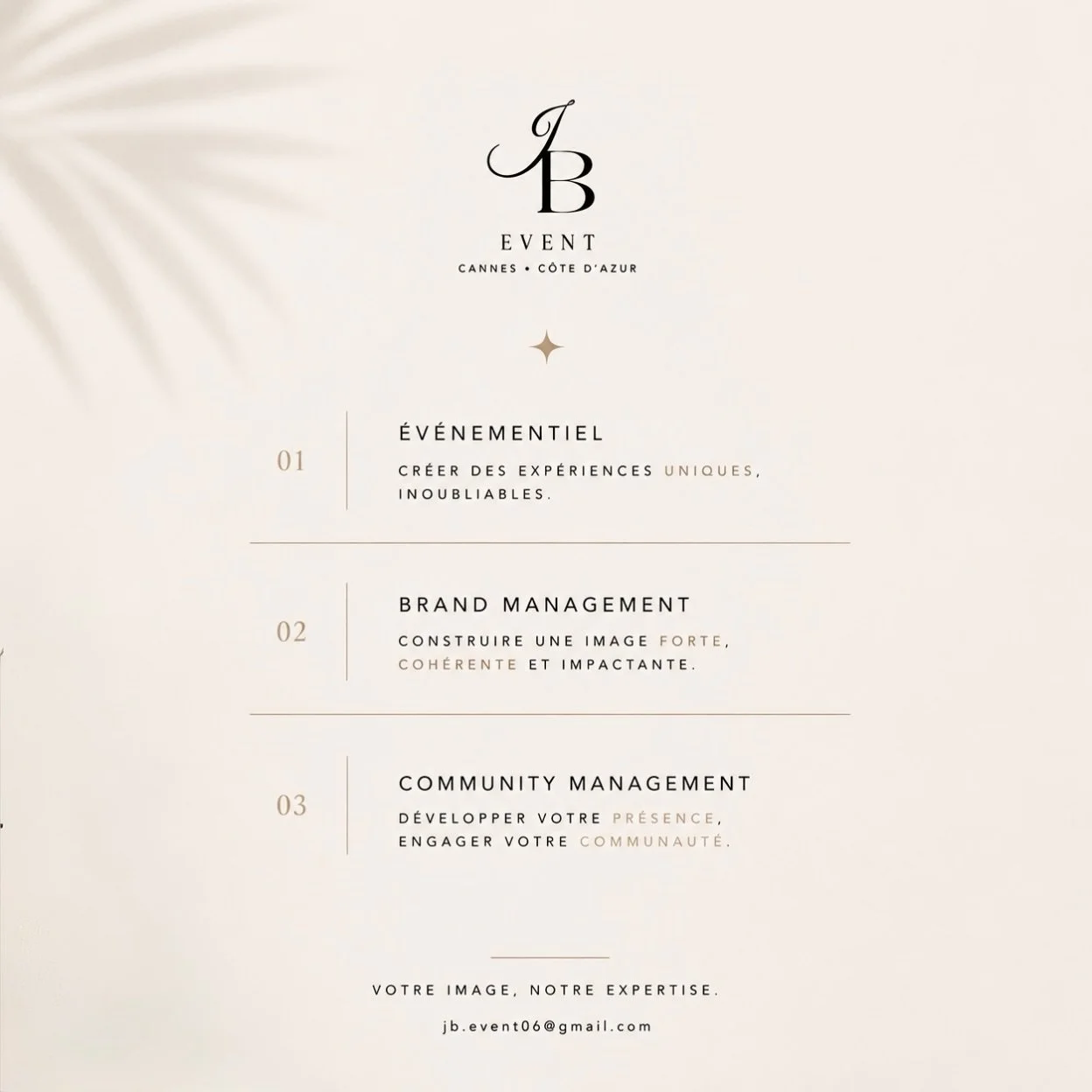 J&amp;B Event accompagne les entreprises, marques et professionnels dans la cr&eacute;ation d&rsquo;une image forte, coh&eacute;rente et impactante, en ligne comme sur le terrain.

De la cr&eacute;ation et organisation d&rsquo;&eacute;v&eacute;nement