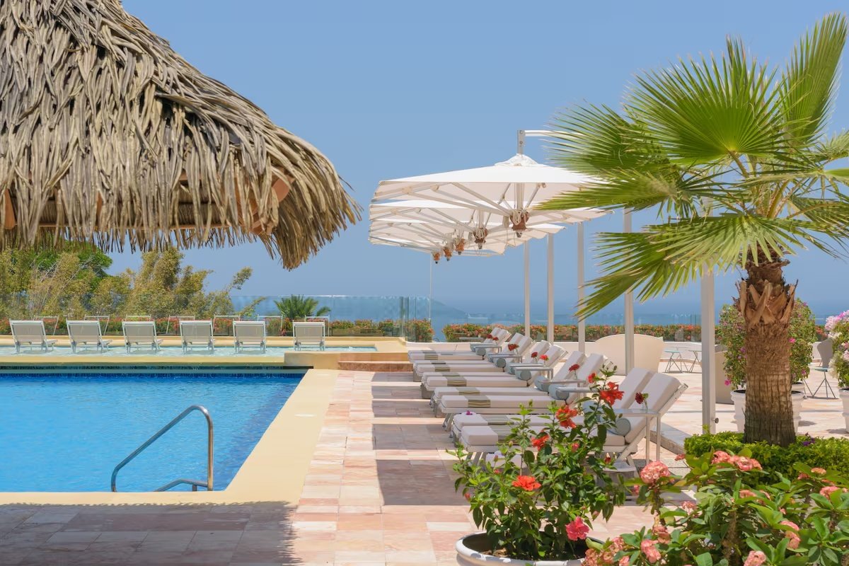 Poolside area with lounge chairs under white umbrellas, palm trees, and flowering plants on a sunny day.