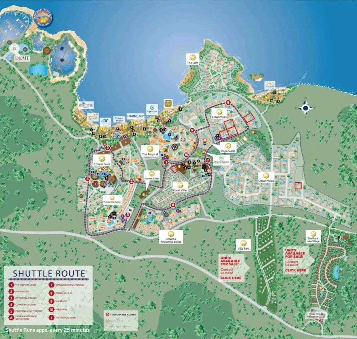 A detailed map of a resort or hotel complex featuring various accommodations, amenities, and recreational areas, with labels for different sections, units available for sale, and shuttle route information.
